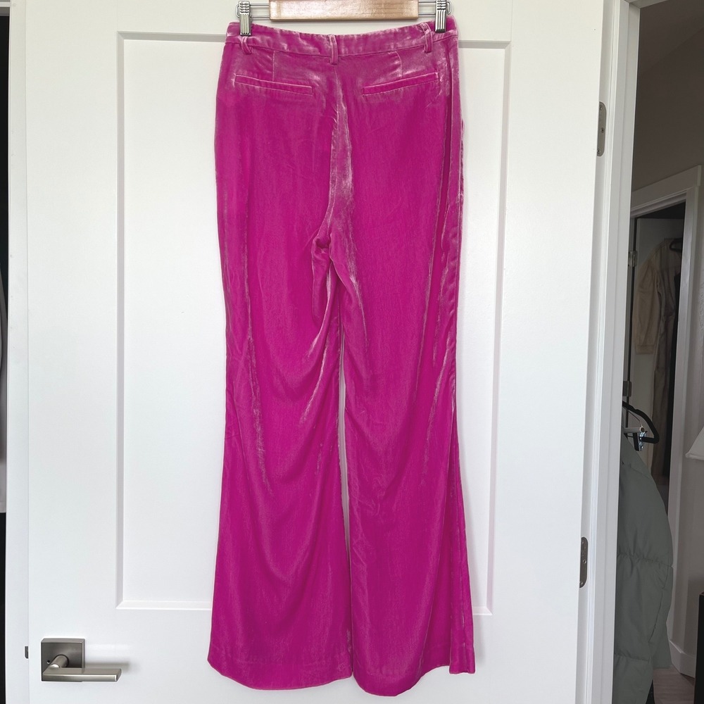 L'Agence Lane Flared‎ Trouser 2 Hot Pink Silk Blend Velvet Wide Leg French Chic - Picture 9 of 14